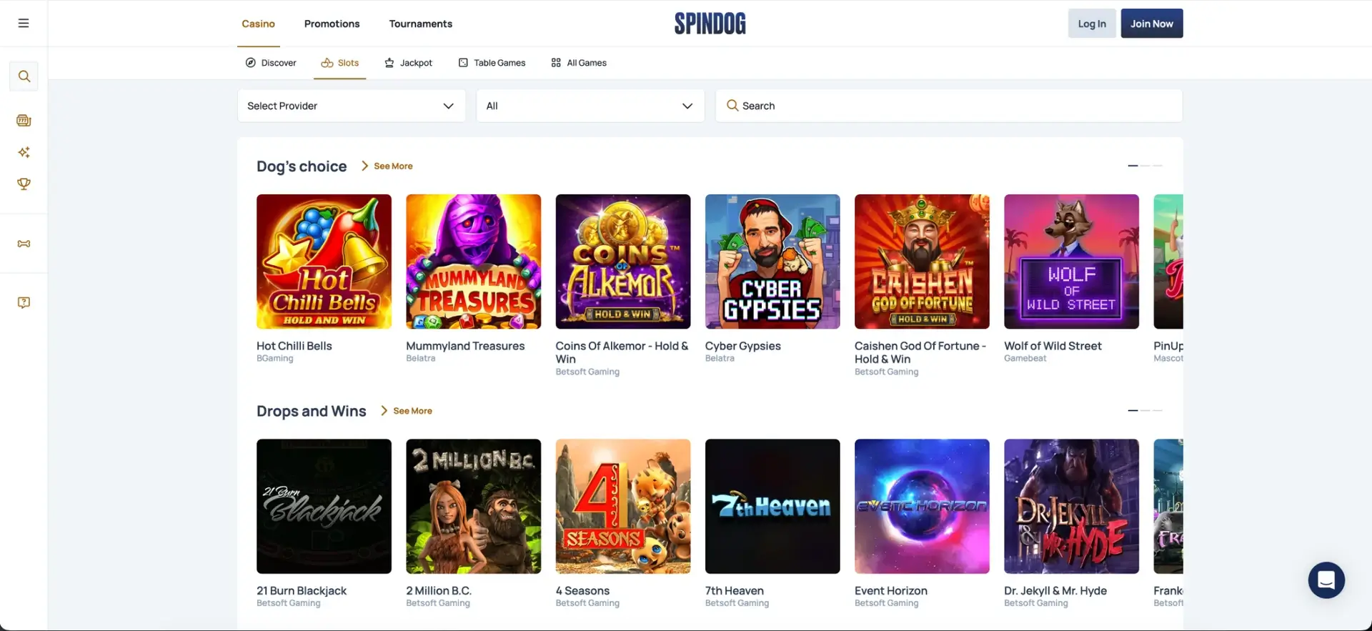 Games at SpinDog casino at SpinDog casino